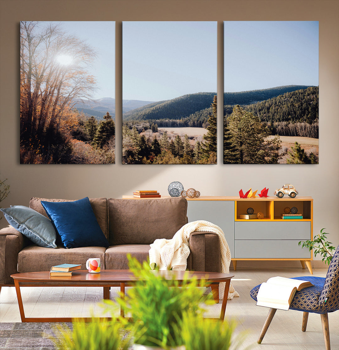 Rustic Landscape Wall Art Canvas Print, Framed Serene Valley Art Picture Print, Pine Tree Horizon Perfect Rustic Cabin Decor Artwork