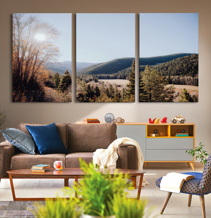 Rustic Landscape Wall Art Canvas Print, Framed Serene Valley Art Picture Print, Pine Tree Horizon Perfect Rustic Cabin Decor Artwork