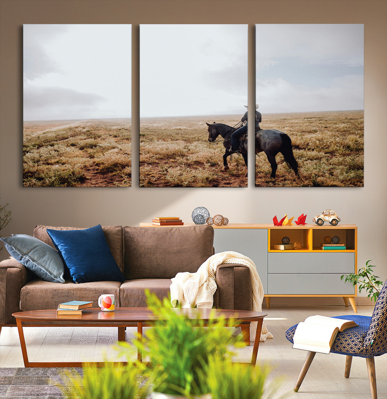 57597730-MGV-CV-36X24-Cowboy Wall Art Canvas Print – Framed Western Rustic Ranch Scene Country Landscape Artwork for Home Office