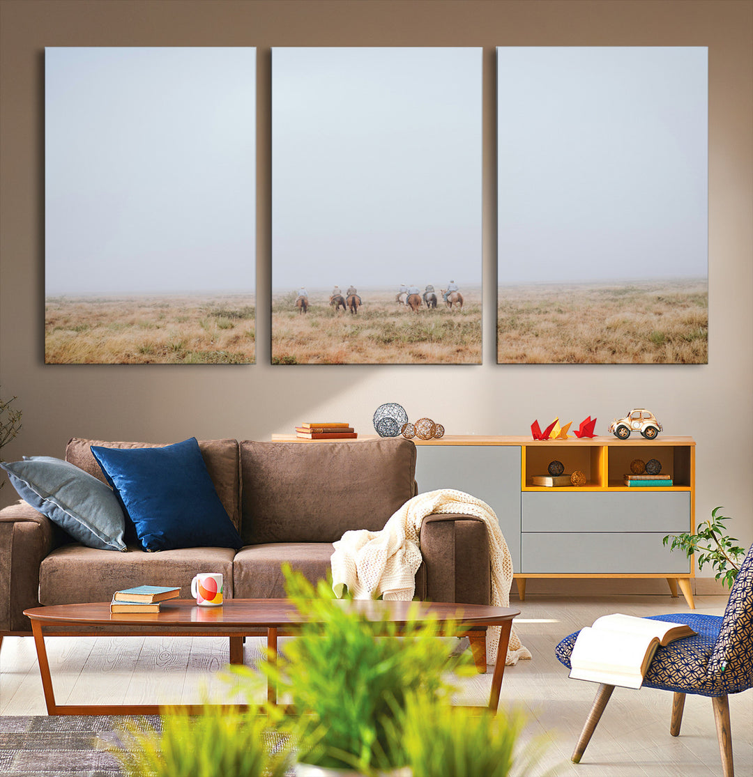 Foggy Plains Wall Art Canvas Print, Framed Horseback Riders Art Picture Print, Rustic Western Perfect Rustic Western Decor Artwork