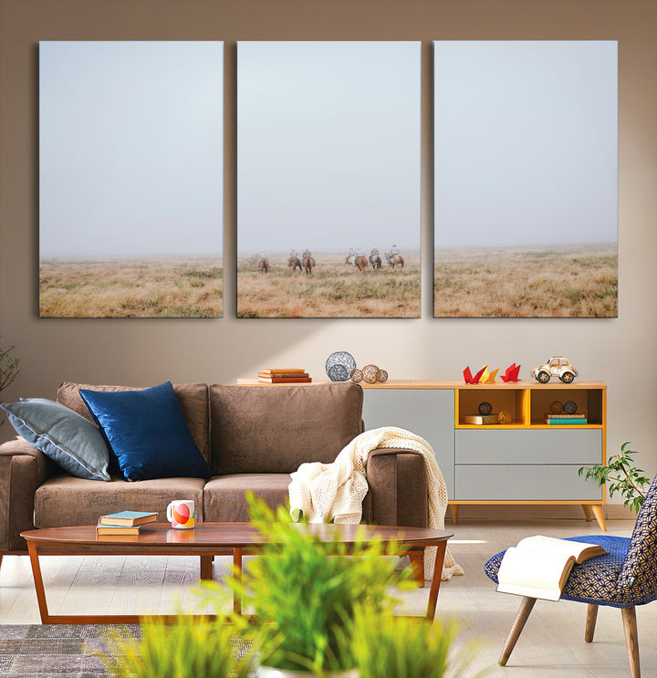 Foggy Plains Wall Art Canvas Print, Framed Horseback Riders Art Picture Print, Rustic Western Perfect Rustic Western Decor Artwork