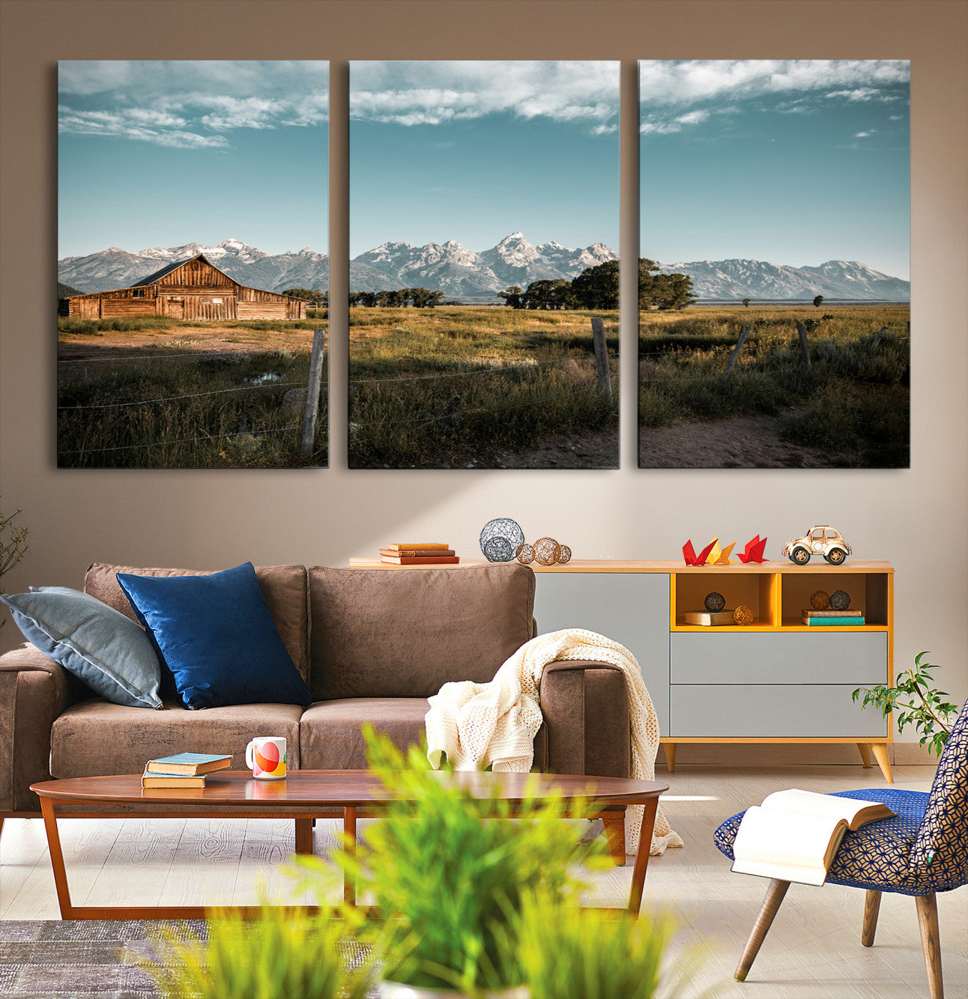 92497443-MGV-CV-36X24-Rustic Farmhouse Wall Art Canvas Print – Framed Mountain Cabin Western Landscape Scene Artwork for Home Office