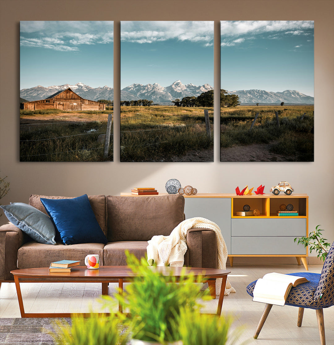 Rustic Farmhouse Wall Art Canvas Print, Framed Mountain Cabin Art Picture Print, Western Landscape Perfect Rustic Farmhouse Decor Artwork