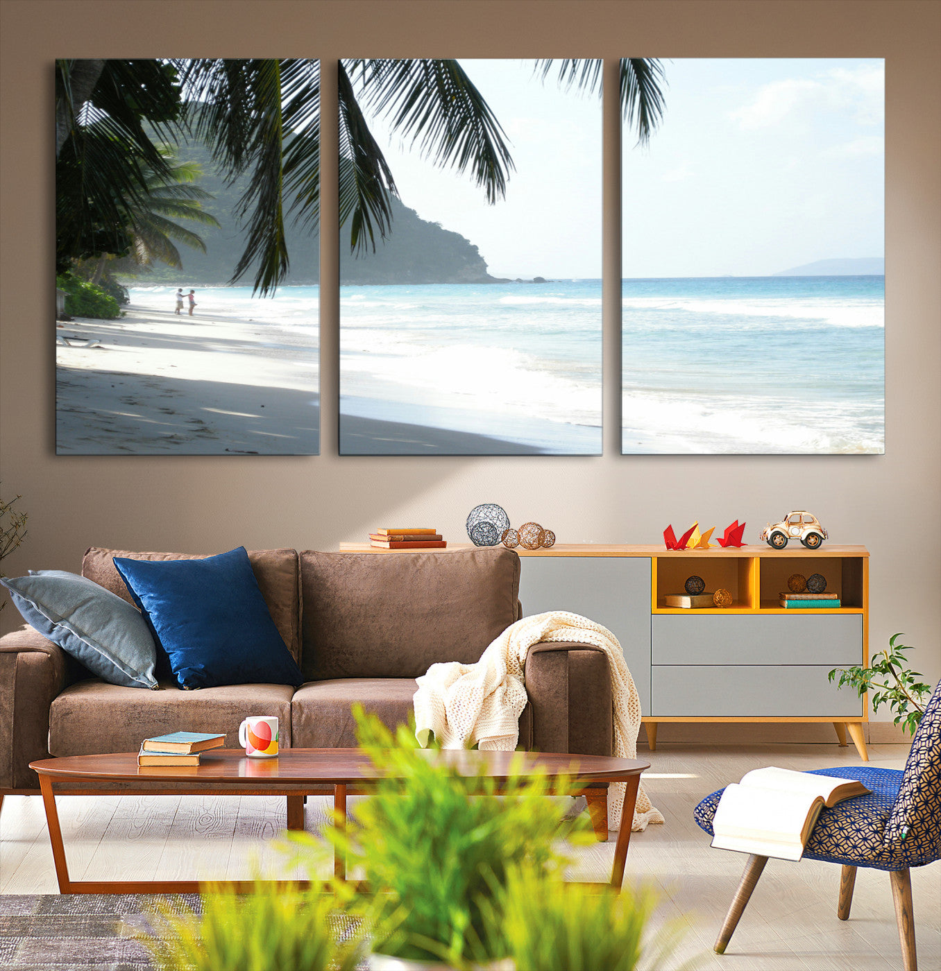 Tropical Beach Wall Art Canvas Print, Framed Serene Ocean Art Picture Print, Palm Tree Shadows Perfect Tropical Coastal Decor Artwork