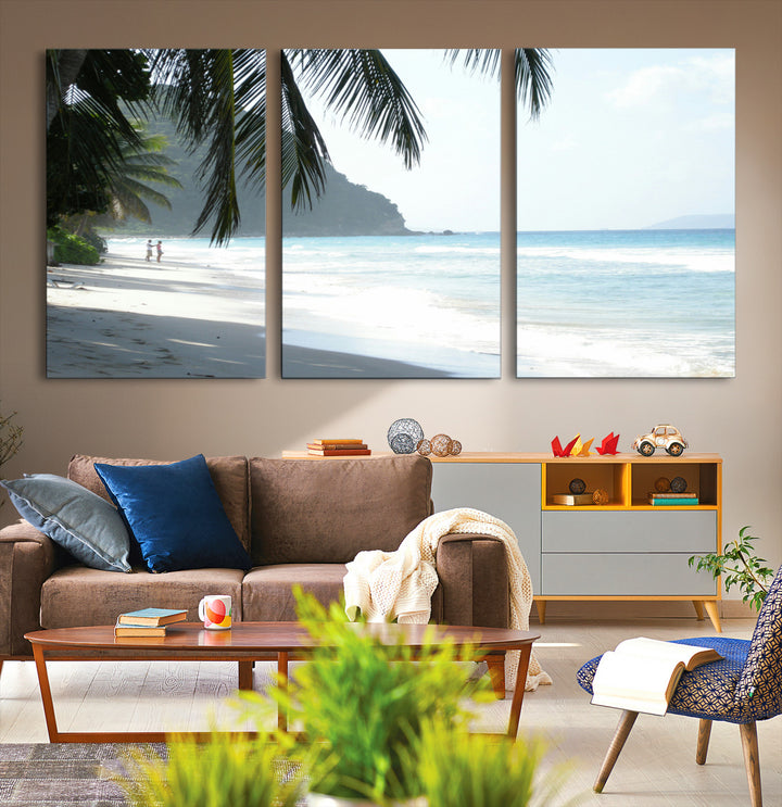 Tropical Beach Wall Art Canvas Print, Framed Serene Ocean Art Picture Print, Palm Tree Shadows Perfect Tropical Coastal Decor Artwork