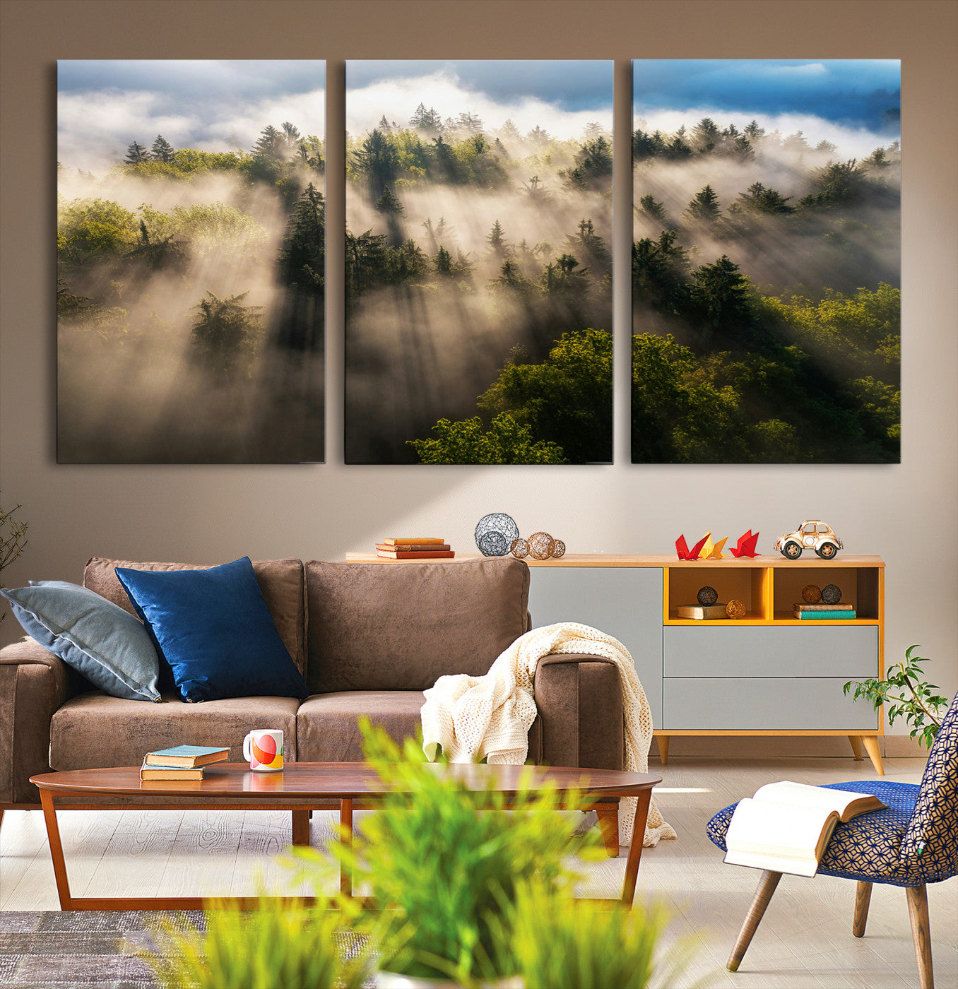 14785710-MGV-CV-36X24-Tranquil Forest Scene Wall Art Canvas Print – Framed Moody Sunbeam Through Trees Nature Artwork for Home Office