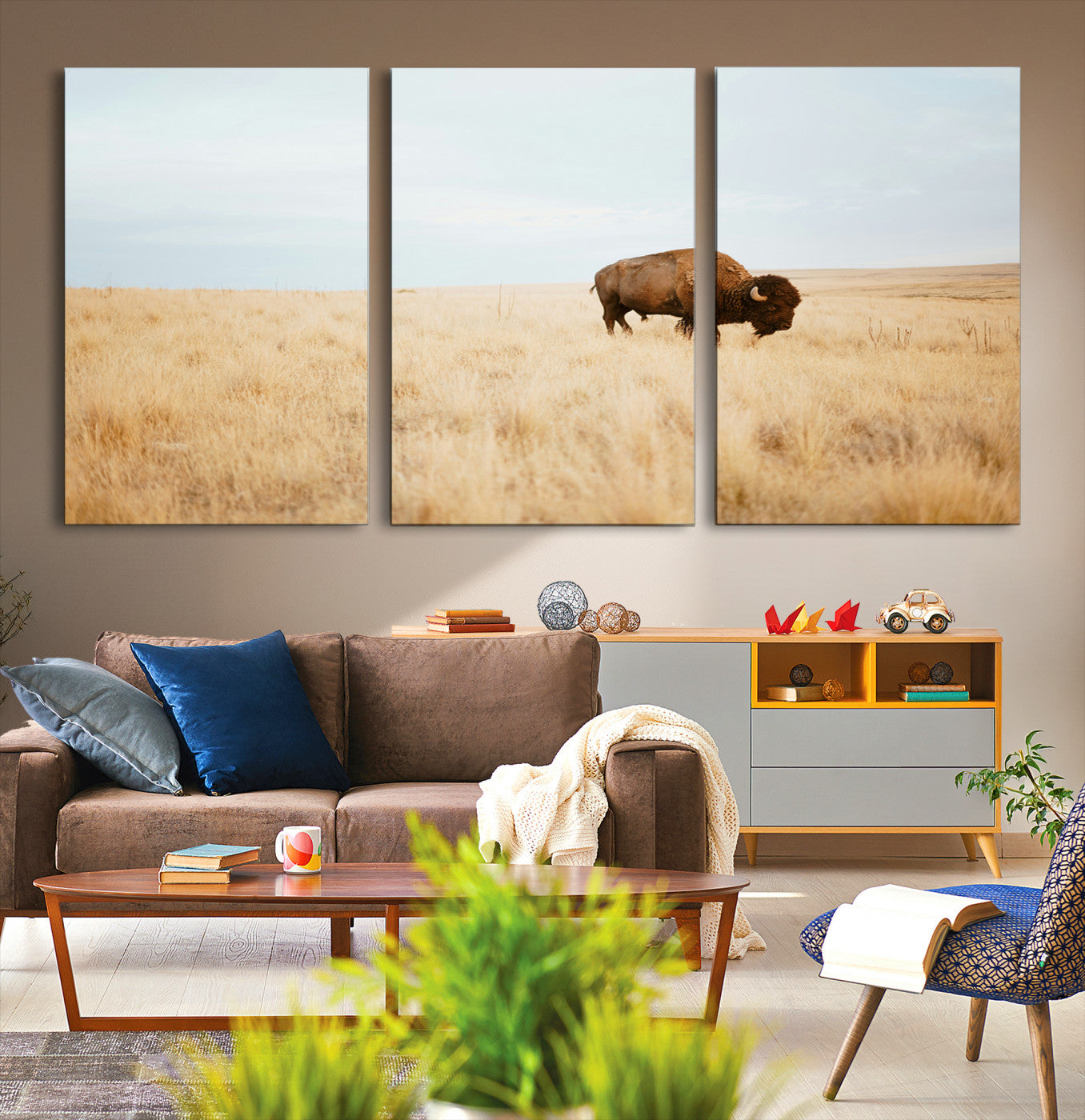 61392510-MGV-CV-36X24-Buffalo Wall Art Canvas Print – Framed Western Wildlife Rustic Prairie Scene Nature Artwork for Home Office