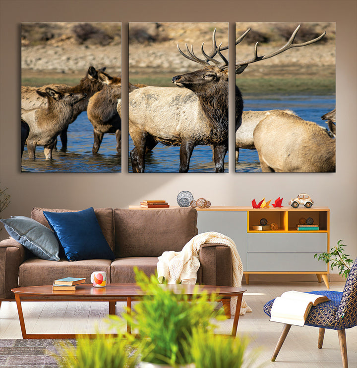 Wild Elk Photography Wall Art Canvas Print, Framed Neutral Wildlife Scene Art Picture Print, Rustic Animal Print Perfect Rustic Farmhouse