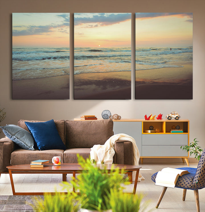 Sunset Seascape Wall Art Canvas Print, Framed Pastel Ocean View Art Picture Print, Tranquil Shoreline Perfect Boho Coastal Decor Artwork