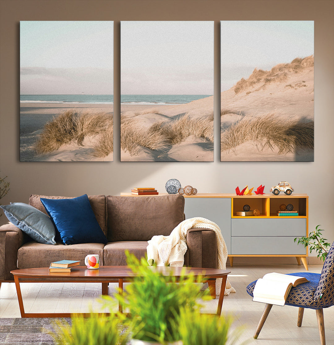 Minimalist Seascape Wall Art Canvas Print, Framed Neutral Beach Print Art Picture Print, Sand Dune Photography Perfect Scandinavian Coastal