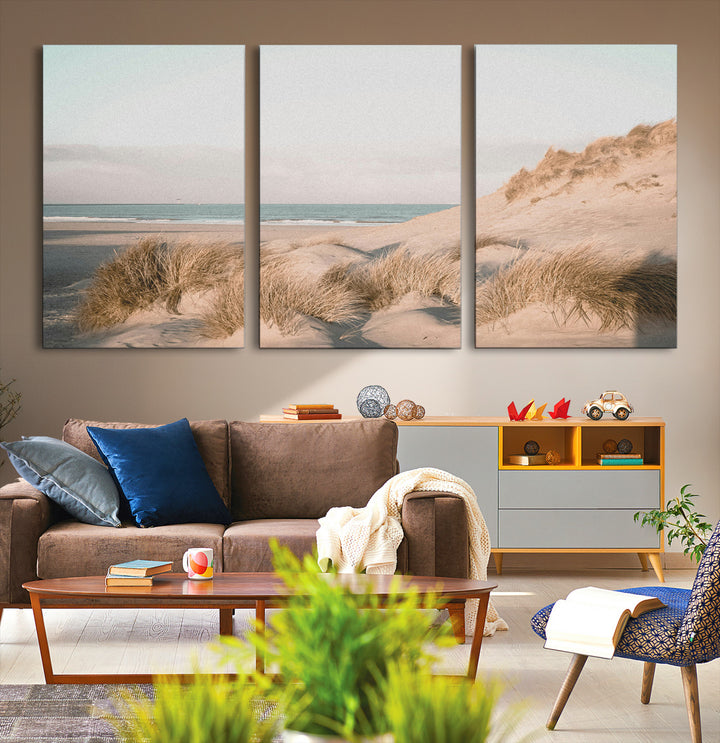 Minimalist Seascape Wall Art Canvas Print, Framed Neutral Beach Print Art Picture Print, Sand Dune Photography Perfect Scandinavian Coastal