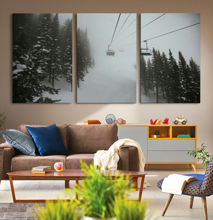 Ski Lift Wall Art Canvas Print, Framed Snowy Pines Art Picture Print, Misty Landscape Perfect Winter Serenity Decor Artwork