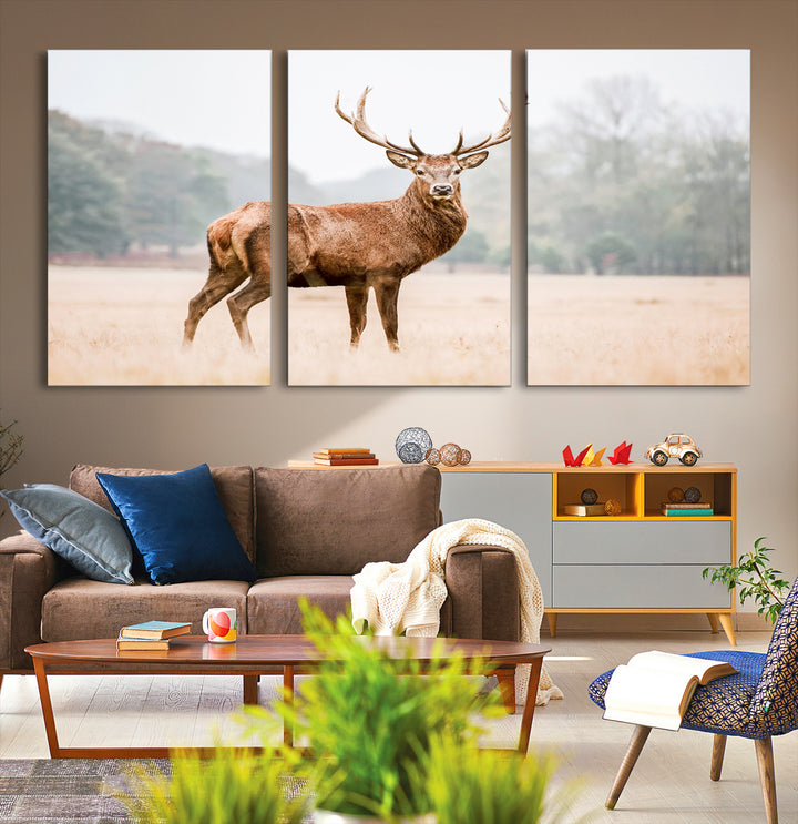 Vintage Wildlife Canvas Print, Framed Misty Landscape Art Picture Print, Deer Wall Art Perfect Rustic Wildlife Decor Artwork