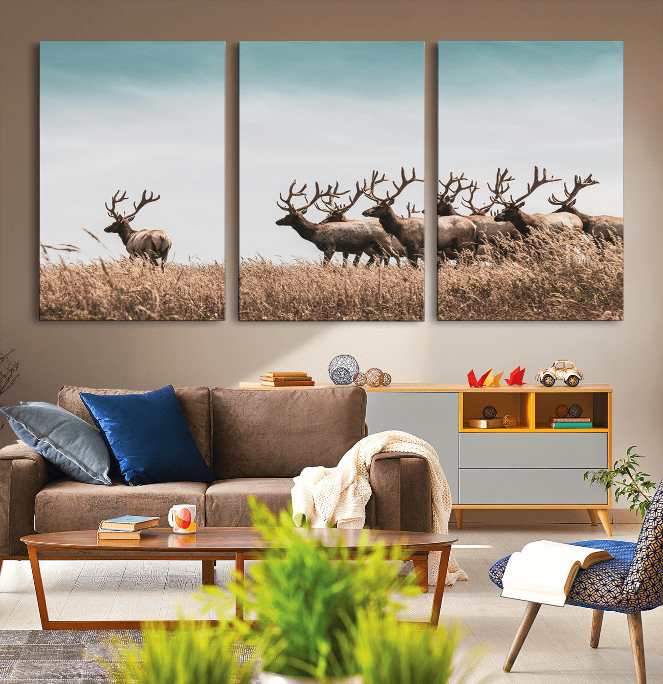 81594705-MGV-CV-36X24-Elk Herd Wall Art Canvas Print – Framed Wildlife Photography Rustic Nature Scene Artwork for Home, Office, Living Room