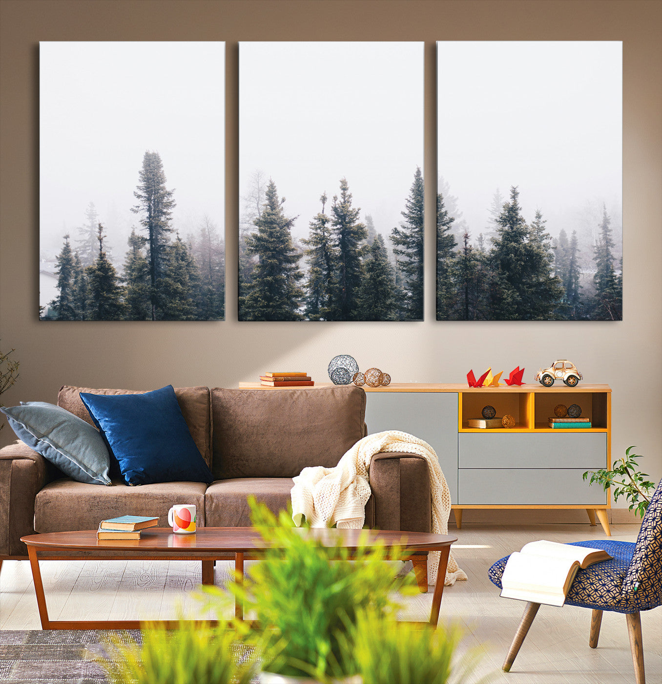 42364796-MGV-CV-36X24-Foggy Forest Wall Art Canvas Print, Framed Misty Pines Art Picture Print, Moody Woodland Perfect Scandinavian Minimalist Decor Artwork