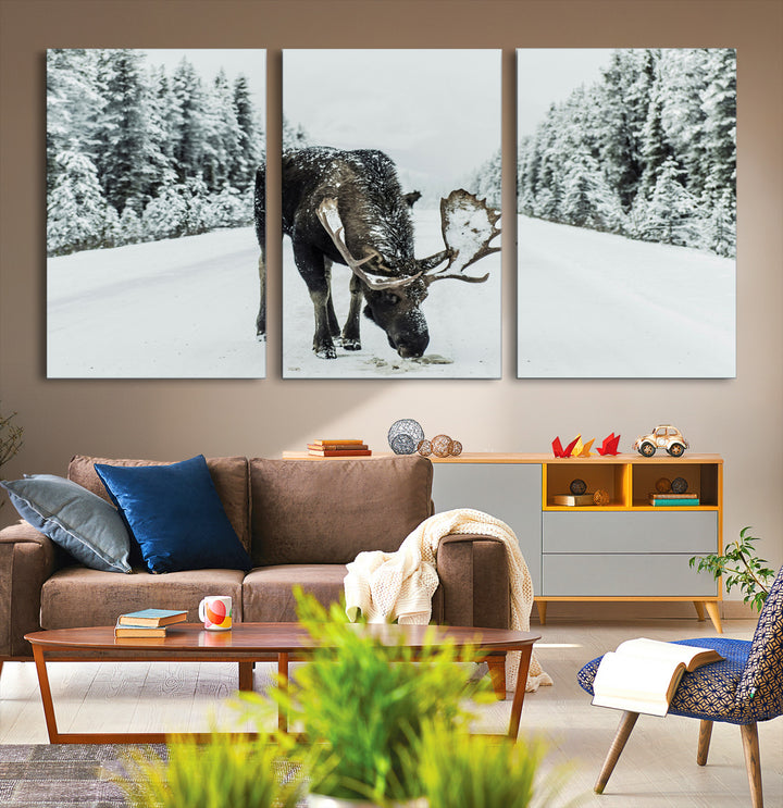 Moose in Snow Wall Art Canvas Print, Framed Winter Wildlife Art Picture Print, Snowy Forest Scene Perfect Rustic Lodge Decor Artwork
