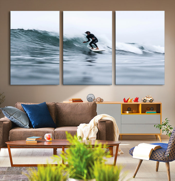 Surfer on Wave Wall Art Canvas Print, Ocean Adventure Print, Framed Motion Blur Water Art Print, Large Deep Blue Surf Printing
