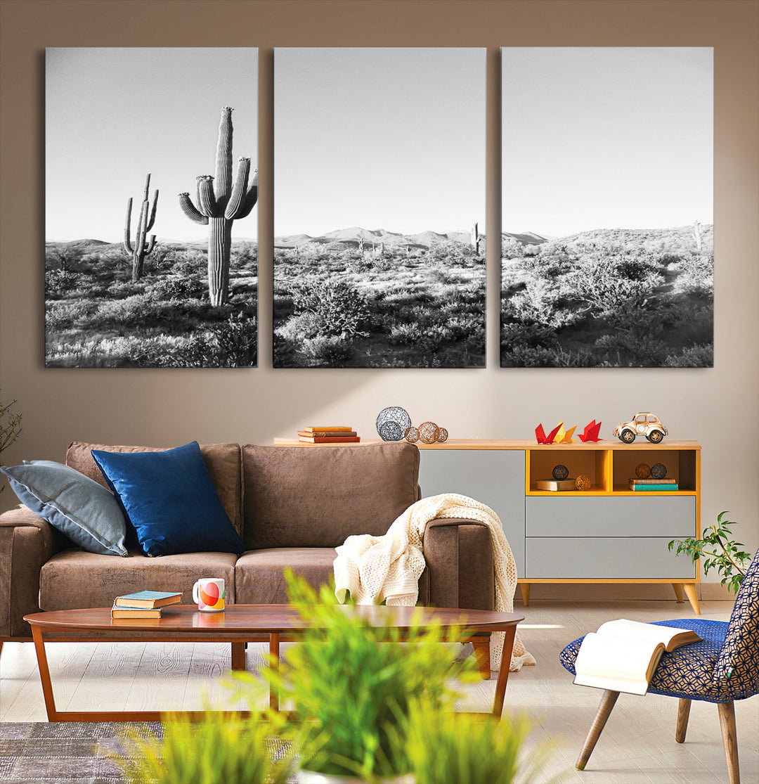 Saguaro Cactus Wall Art Canvas Print, Monochrome Landscape Print, Framed Scenic Arizona Art Print, Large Timeless Western Aesthetic Printing