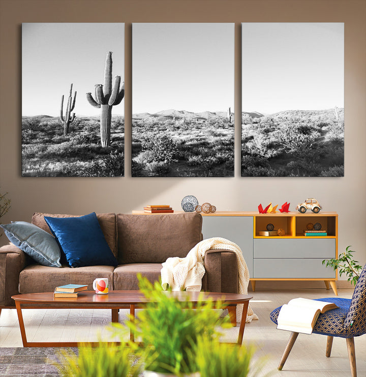 Saguaro Cactus Wall Art Canvas Print, Monochrome Landscape Print, Framed Scenic Arizona Art Print, Large Timeless Western Aesthetic Printing
