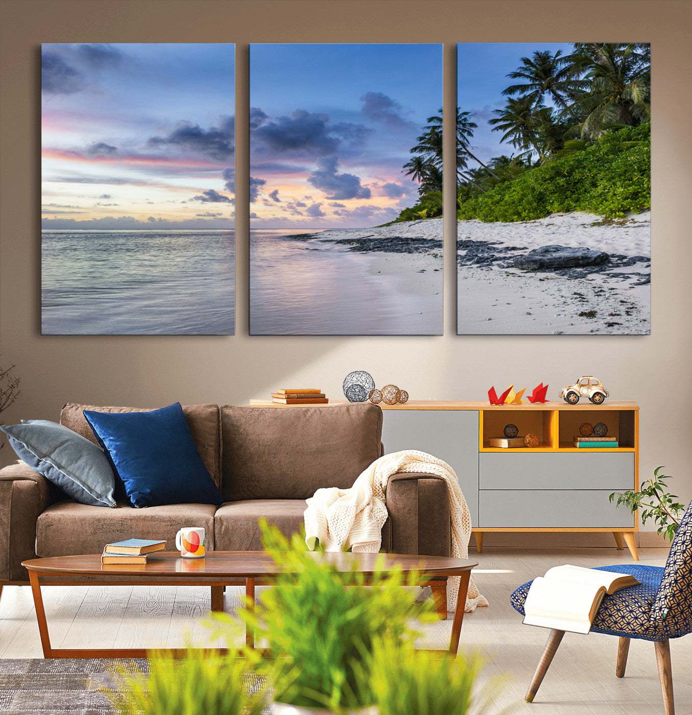 MGV-CV-60X30-3P - Tropical Beach Wall Art Canvas Print, Framed Sunset Glow Art Picture Print, Palm Tree Coast Perfect Tropical Coastal Decor Artwork