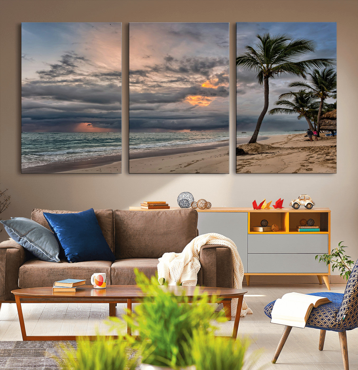MGV-CV-60X30-3P - Tropical Storm Wall Art Canvas Print, Framed Moody Beach Art Picture Print, Dramatic Sky Perfect Tropical Coastal Decor Artwork