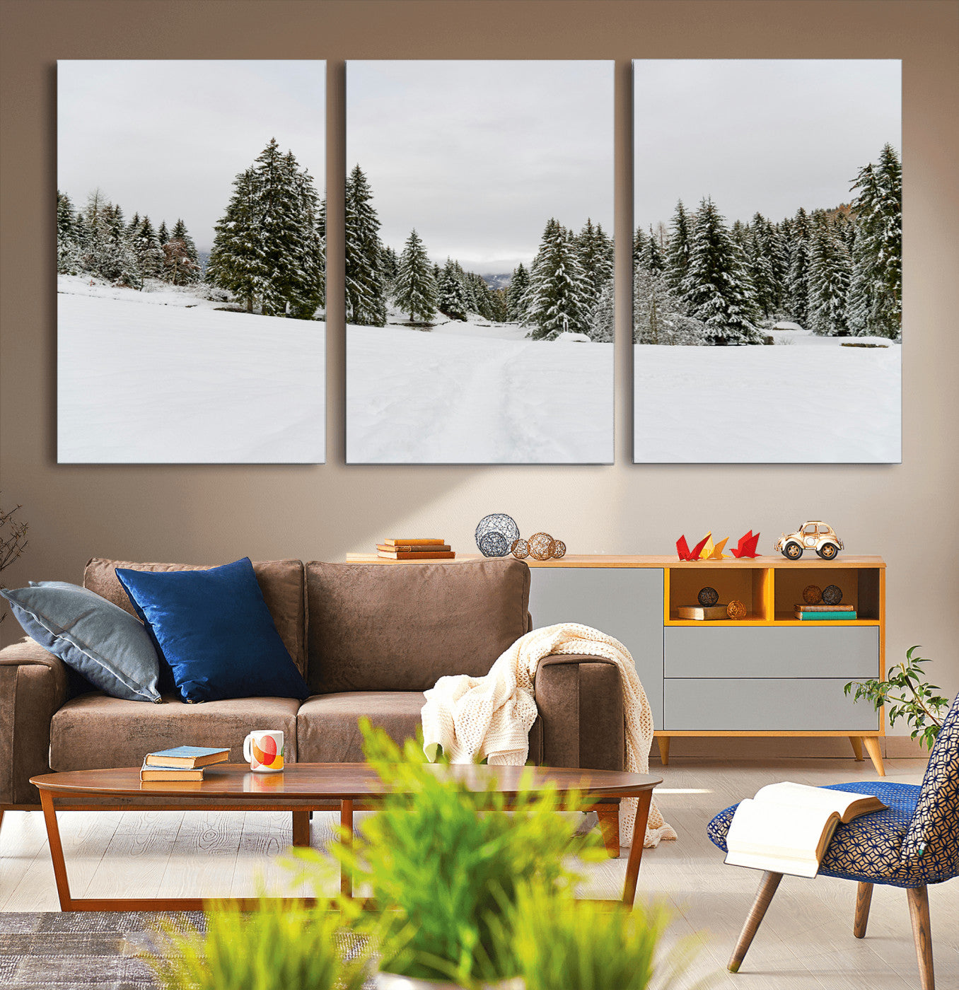 24581417-MGV-CV-36X24-Frosty Pines Wall Art Canvas Print – Framed Silent Snowfall Cozy Cabin Nordic Minimalist Winter Landscape Artwork for Home, Office