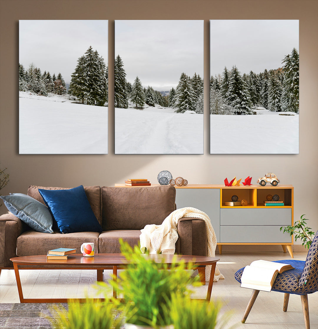 Frosty Pines Wall Art Canvas Print, Silent Snowfall Print, Framed Cozy Cabin Vibes Art Print, Large Rustic Woodland Escape Printing