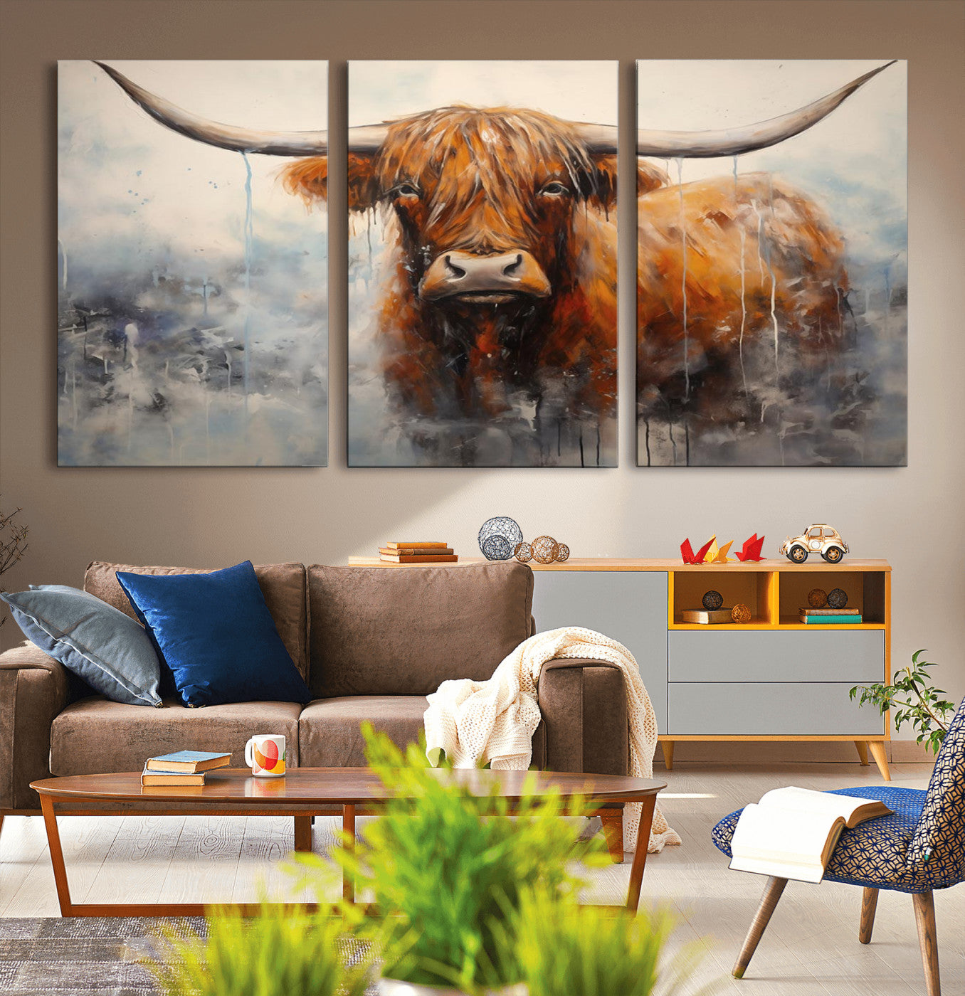 MGV-CV-60X30-3P - Scottish Highland Wall Art Canvas Print, Framed Longhorn Art Picture Print, Western Cow Perfect Farmhouse Decor Artwork