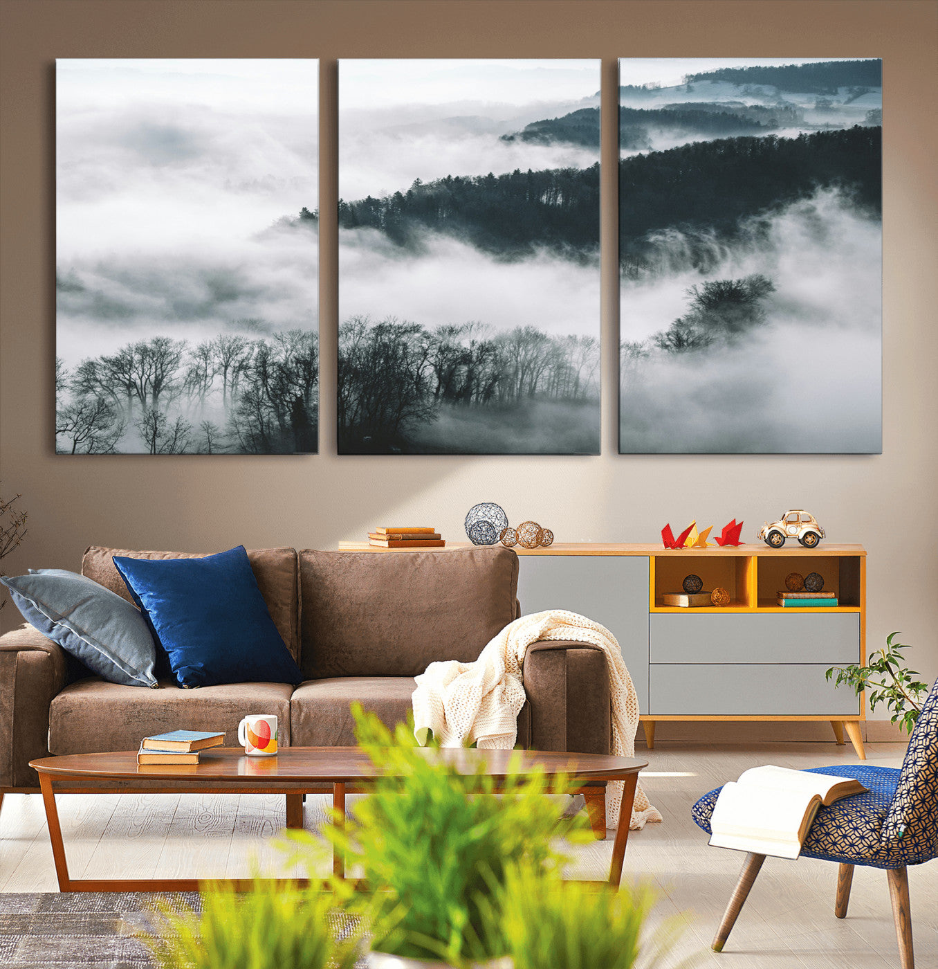 MGV-CV-60X30-3P - Foggy Forest Landscape Wall Art Canvas Print – Misty Mountain Valley Scene in Monochrome Tones,