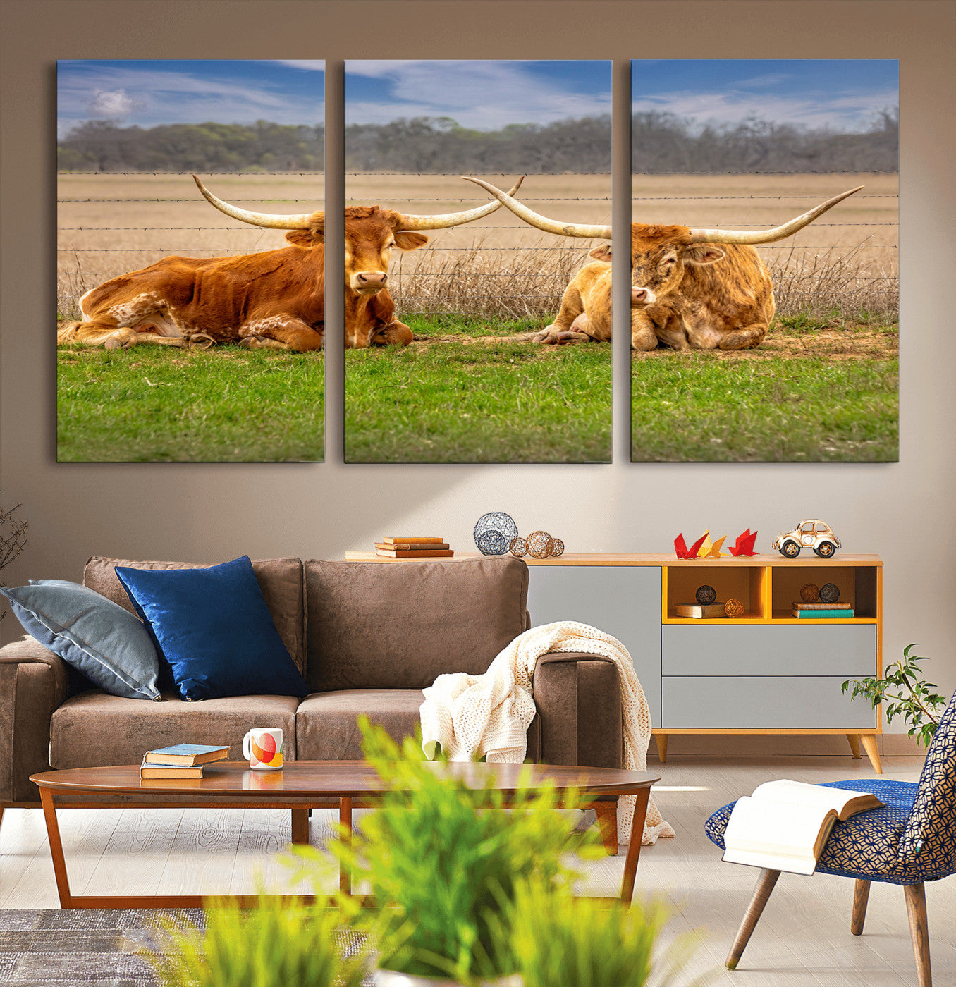 MGV-CV-60X30-3P - Texas Longhorn Pair Wall Art Canvas Print – Peaceful Rustic Ranch Scene with Two Cattle in Field,