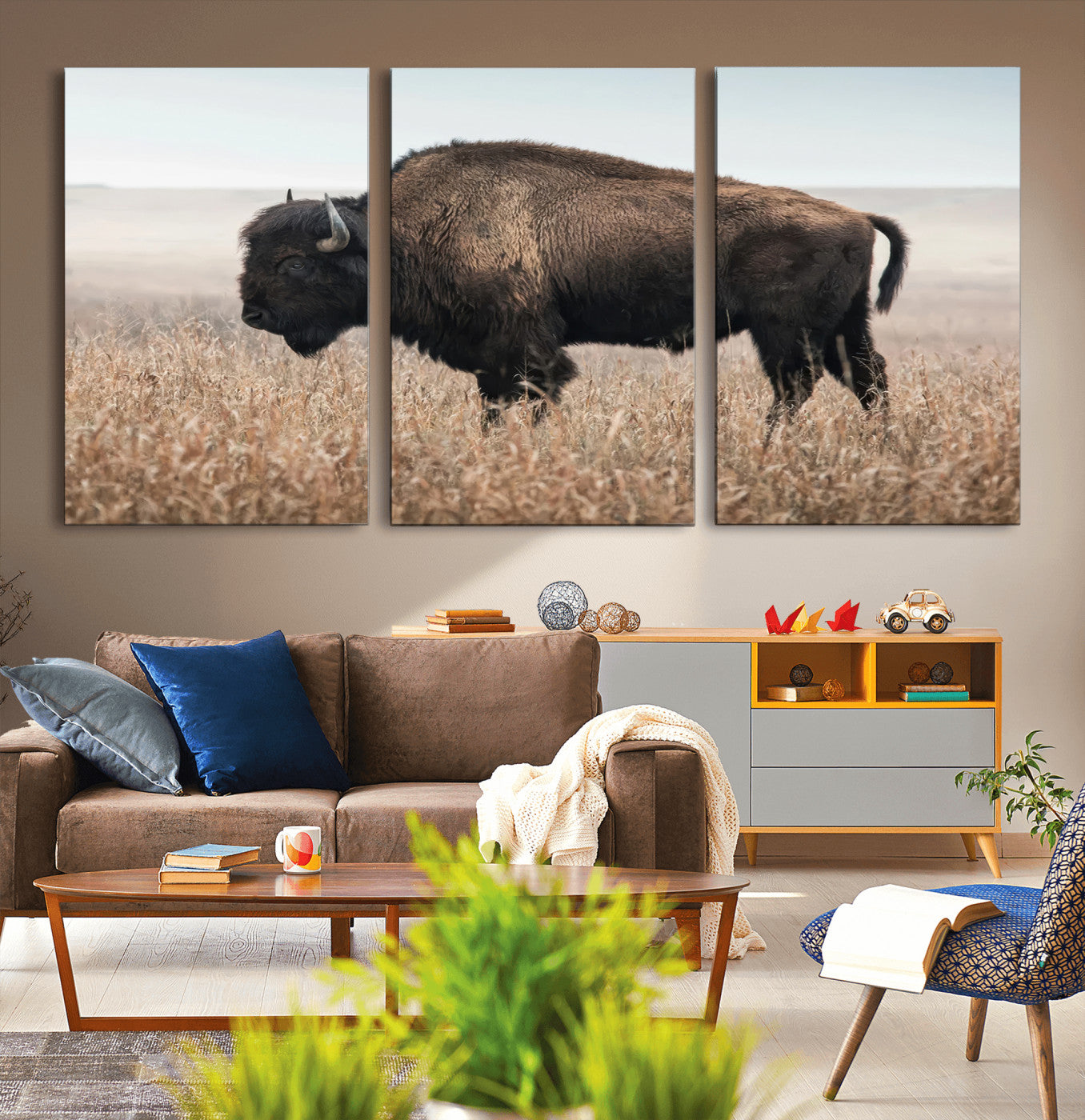 69909079-MGV-CV-36X24-American Bison Field Wall Art Canvas Print – Majestic Buffalo Grazing Wide Open Plains Wildlife Artwork for Home, Office