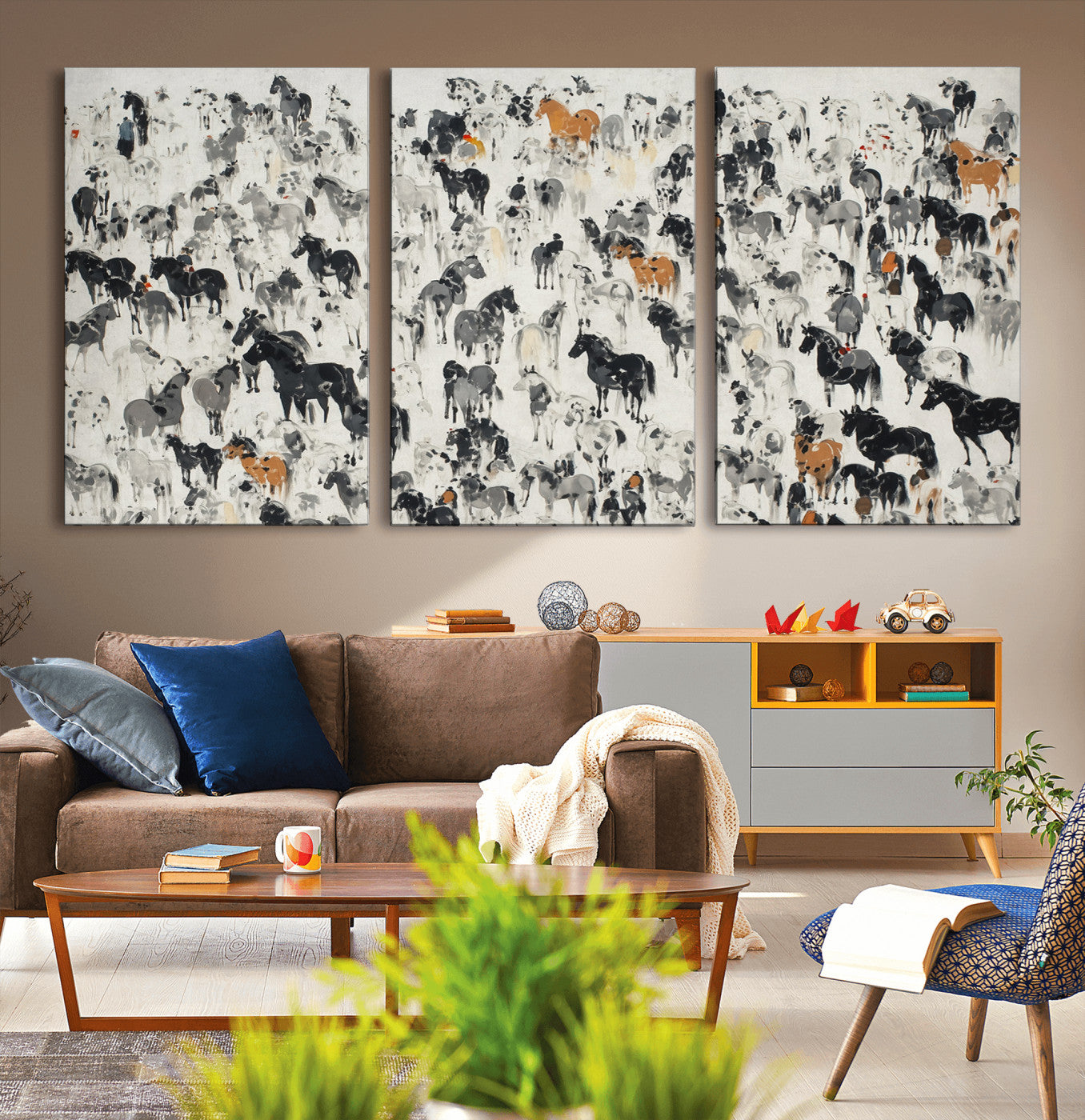 56463722-MGV-CV-36X24-Wild Horse Stampede Wall Art Canvas Print – Monochrome Running Horses Dynamic Motion Elegant Scene Artwork for Home, Office