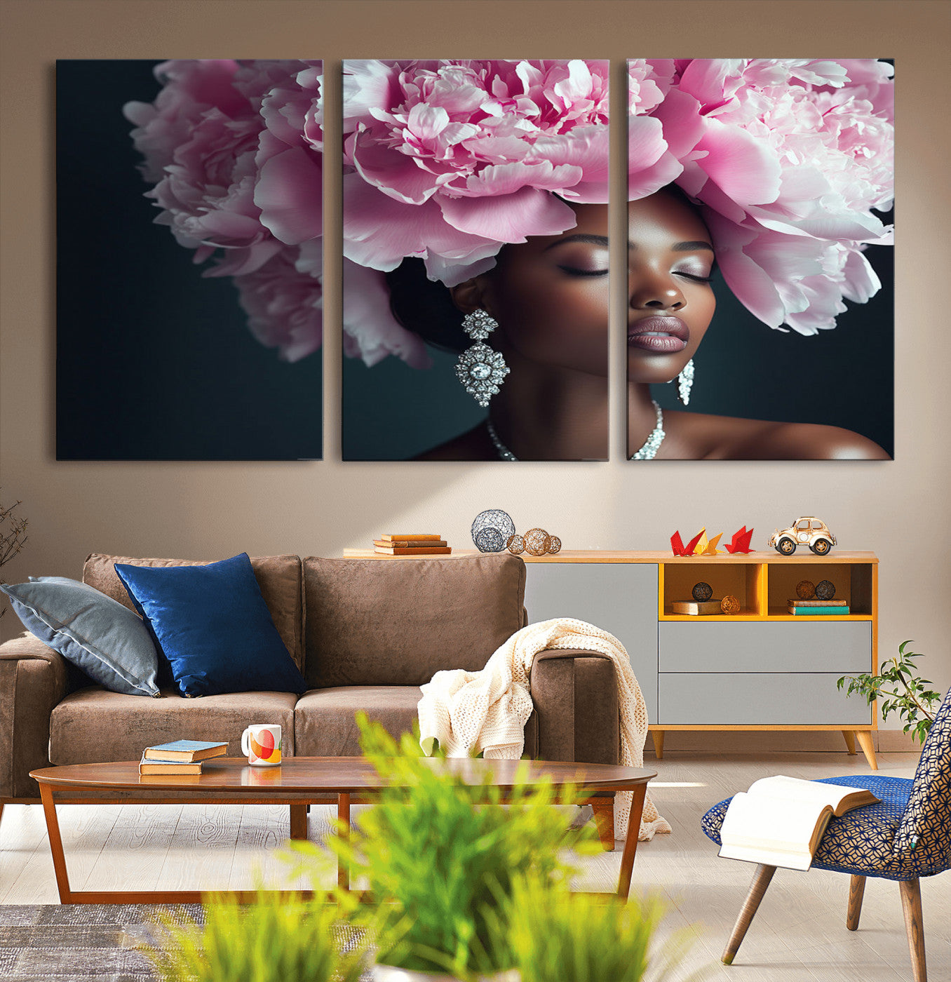 MGV-CV-60X30-3P - Black Beauty Petal Crown Wall Art Print Floral Petal Headpiece, Petal-Inspired Art, Floral Crown