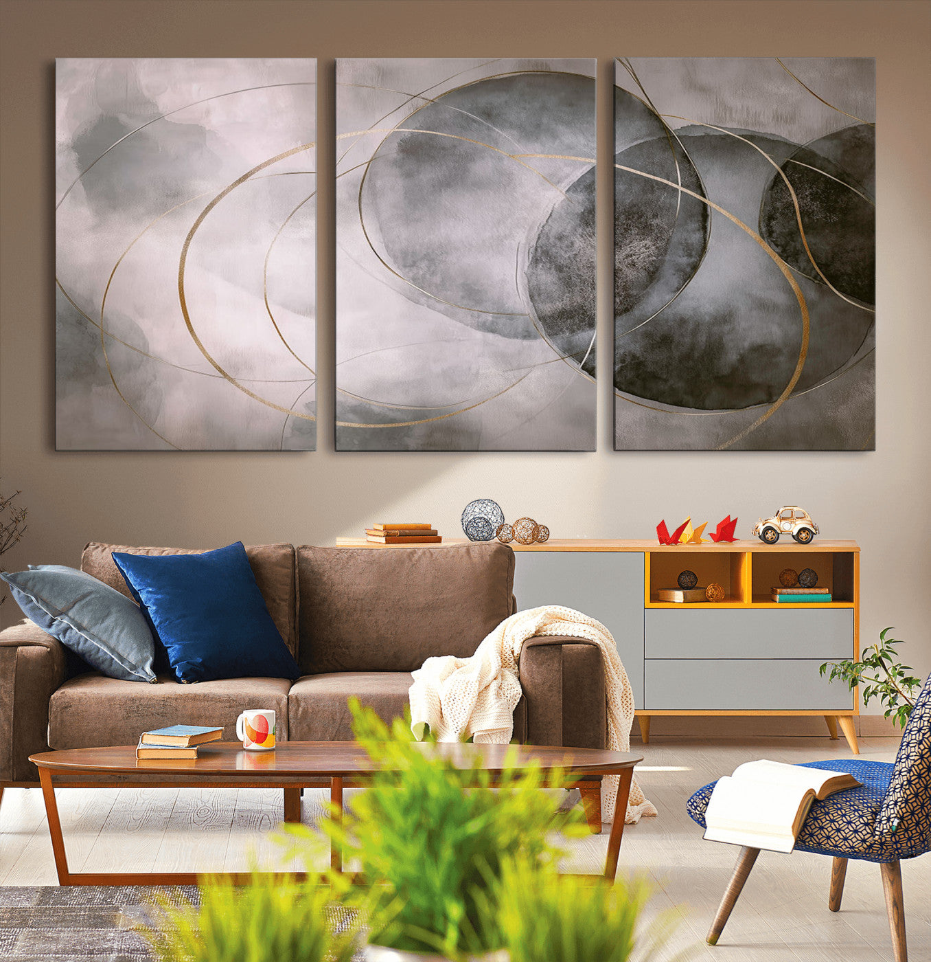 MGV-CV-60X30-3P - Wall Art Canvas Print Abstract Gray Black Gold Circles Soft Texture Modern Minimalist Artistic Home Decor Contemporary Elegant Stylish Unique