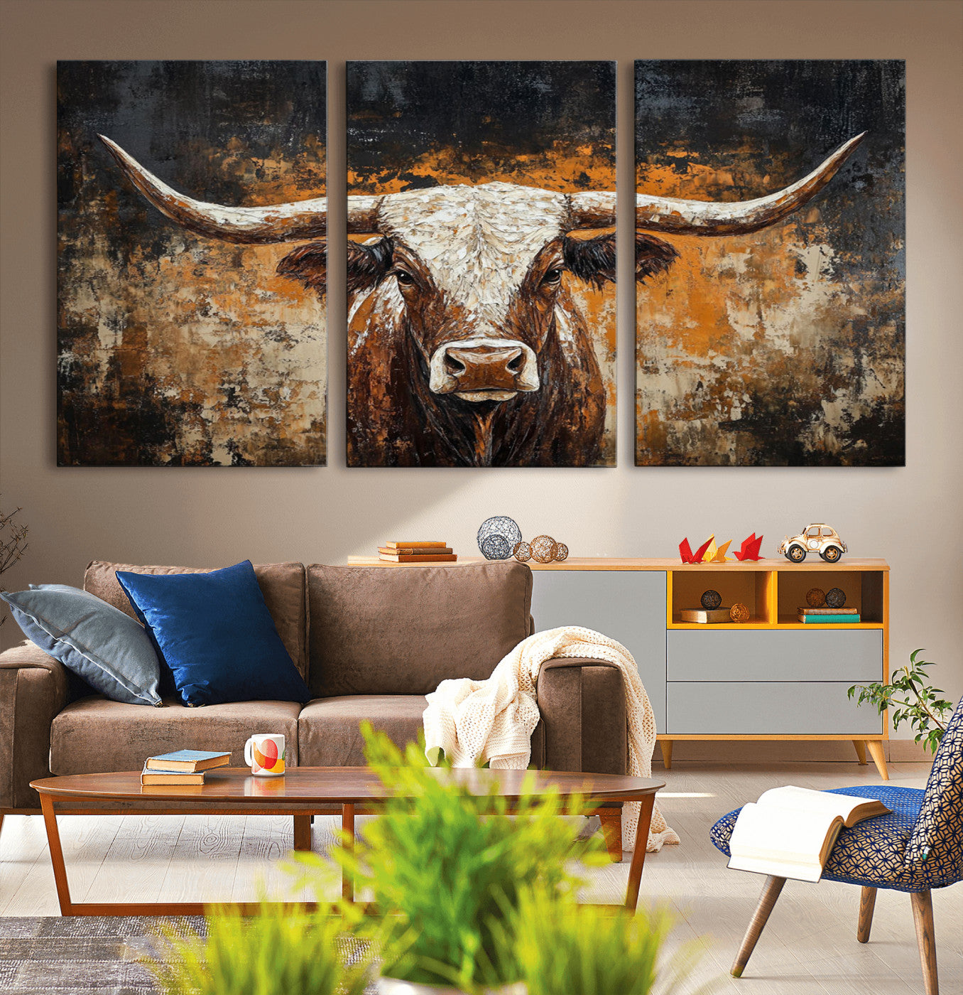 25265572-MGV-CV-36X24-Rustic Longhorn Bull Wall Art Canvas Print – Vintage Western Cattle Scene, Texas Steer Artwork for Home, Office