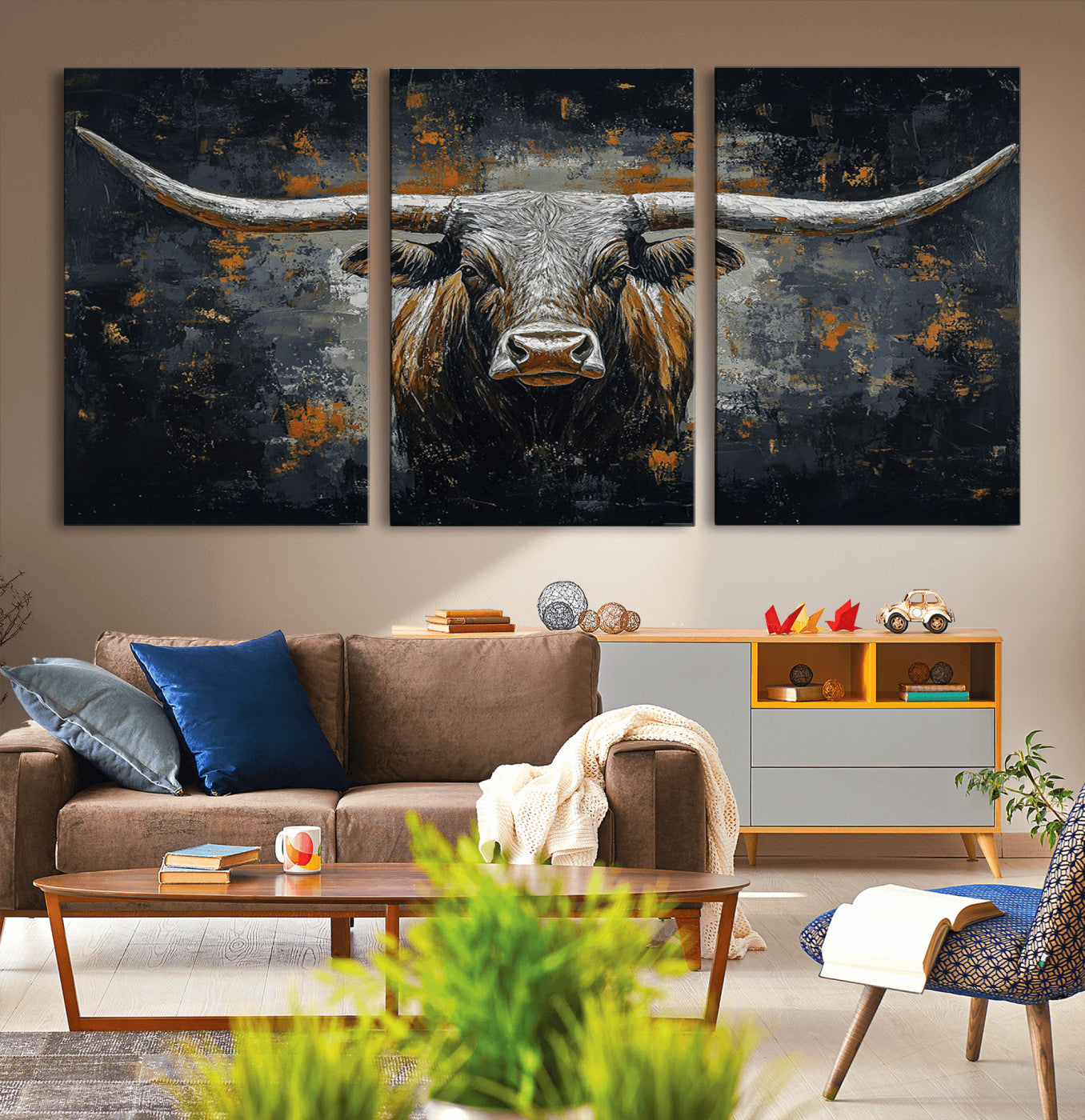 93195031-MGV-CV-36X24-Rustic Longhorn Bull Wall Art Canvas Print – Vintage Western Cattle Scene, Texas Steer Artwork for Home, Office