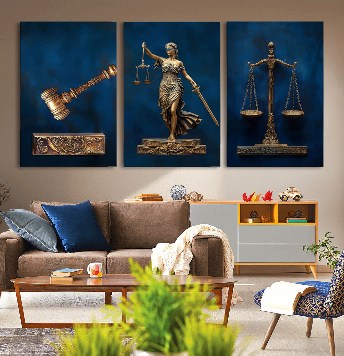 91629053-MGV-CV-36X24-Lady Justice Wall Art Canvas Print – Elegant Gold Legal Symbols Blue Background Artwork for Home, Office, Living Room