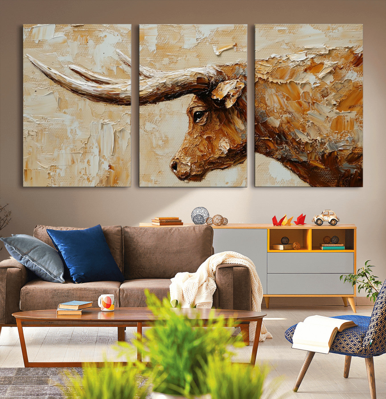 MGV-CV-60X30-3P - Rustic Longhorn Bull Wall Art Canvas Print – Vintage Western Cattle Painting, Texas Steer Artwork
