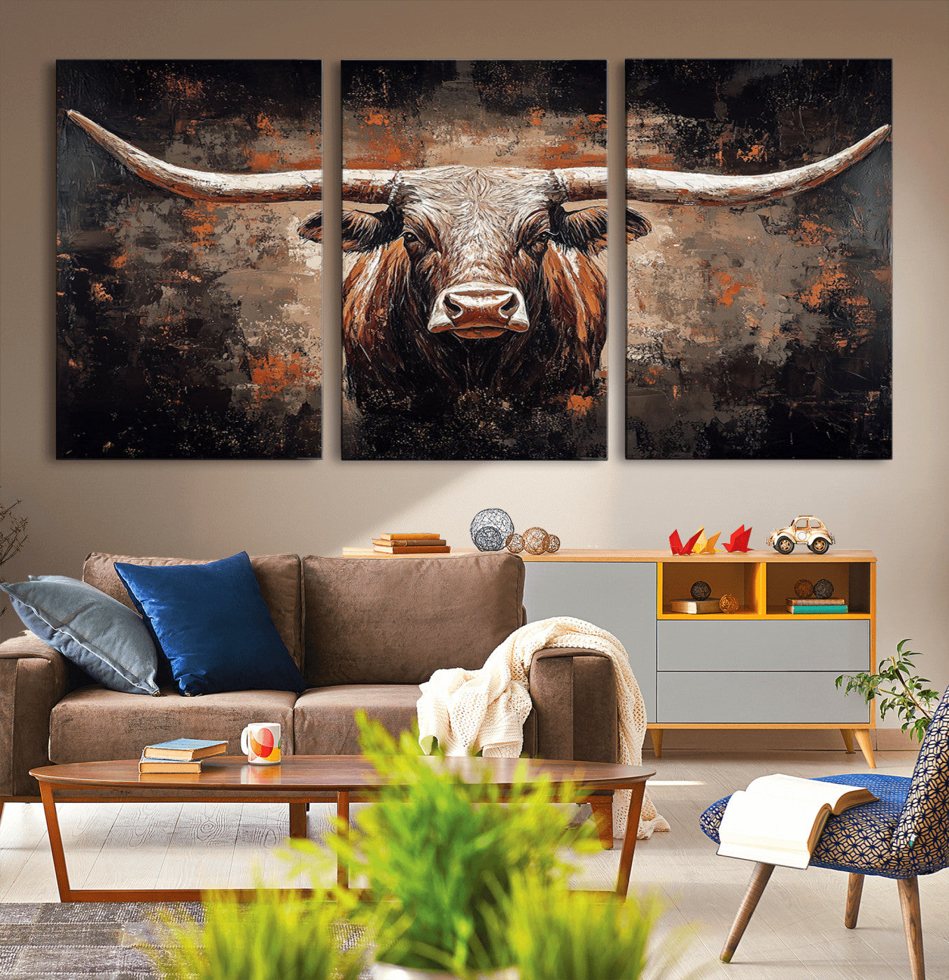 MGV-CV-60X30-3P - Rustic Longhorn Bull Wall Art Canvas Print – Vintage Western Cattle Painting, Texas Steer Artwork Print
