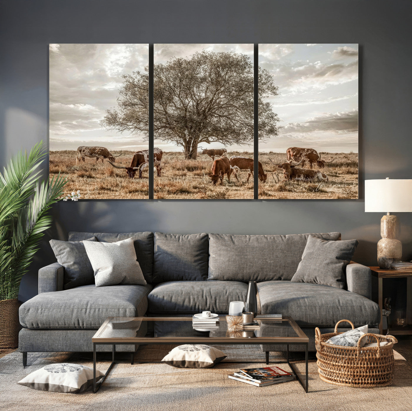 87590224-MGV-CV-36X24 - Texas Longhorn Cattle Wall Art Canvas Print – Rustic Western Ranch Scene with Steers at Sunset, Perfect for Farmhouse or Cowboy Decor