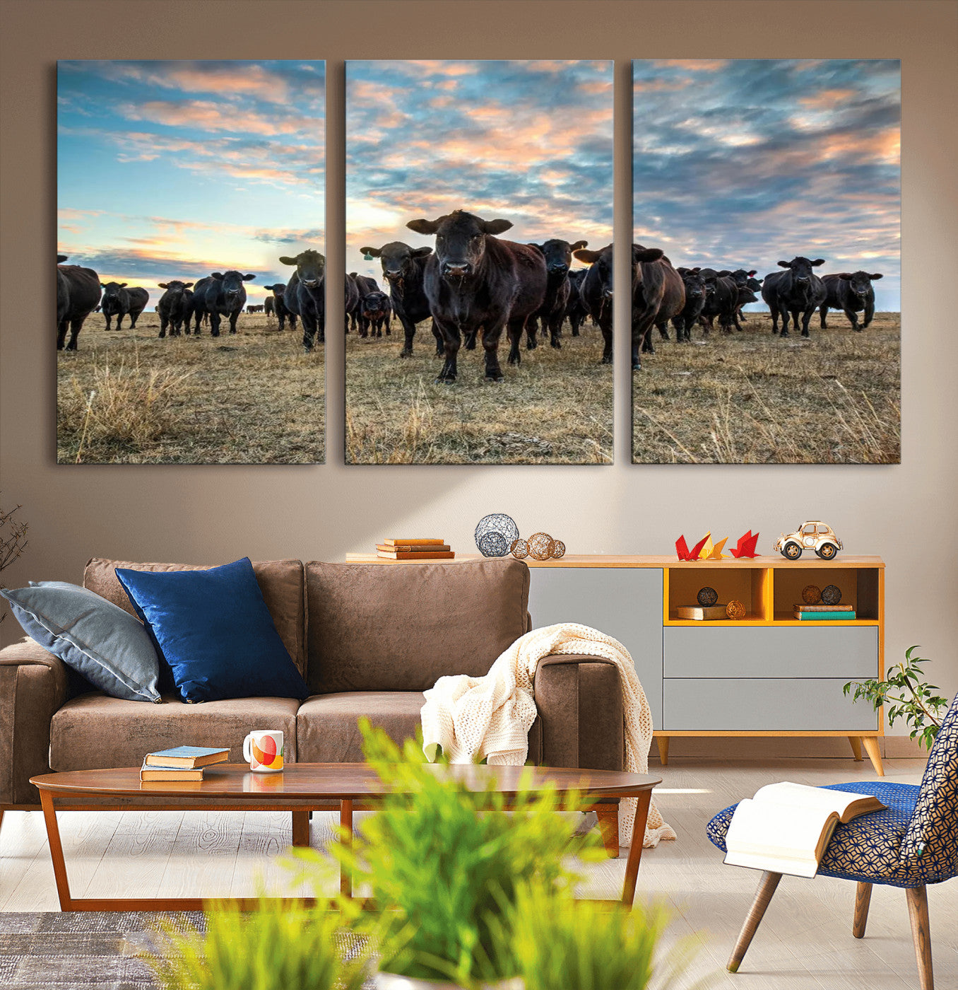 MGV-CV-60X30-3P - Texas Longhorn Cattle Wall Art Canvas Print – Rustic Western Ranch Scene with Steers at Sunset,