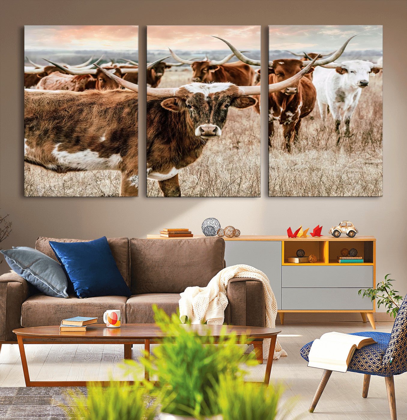 MGV-CV-60X30-3P - Texas Longhorn Cattle Wall Art Canvas Print – Rustic Western Ranch Scene with Steers at Sunset,