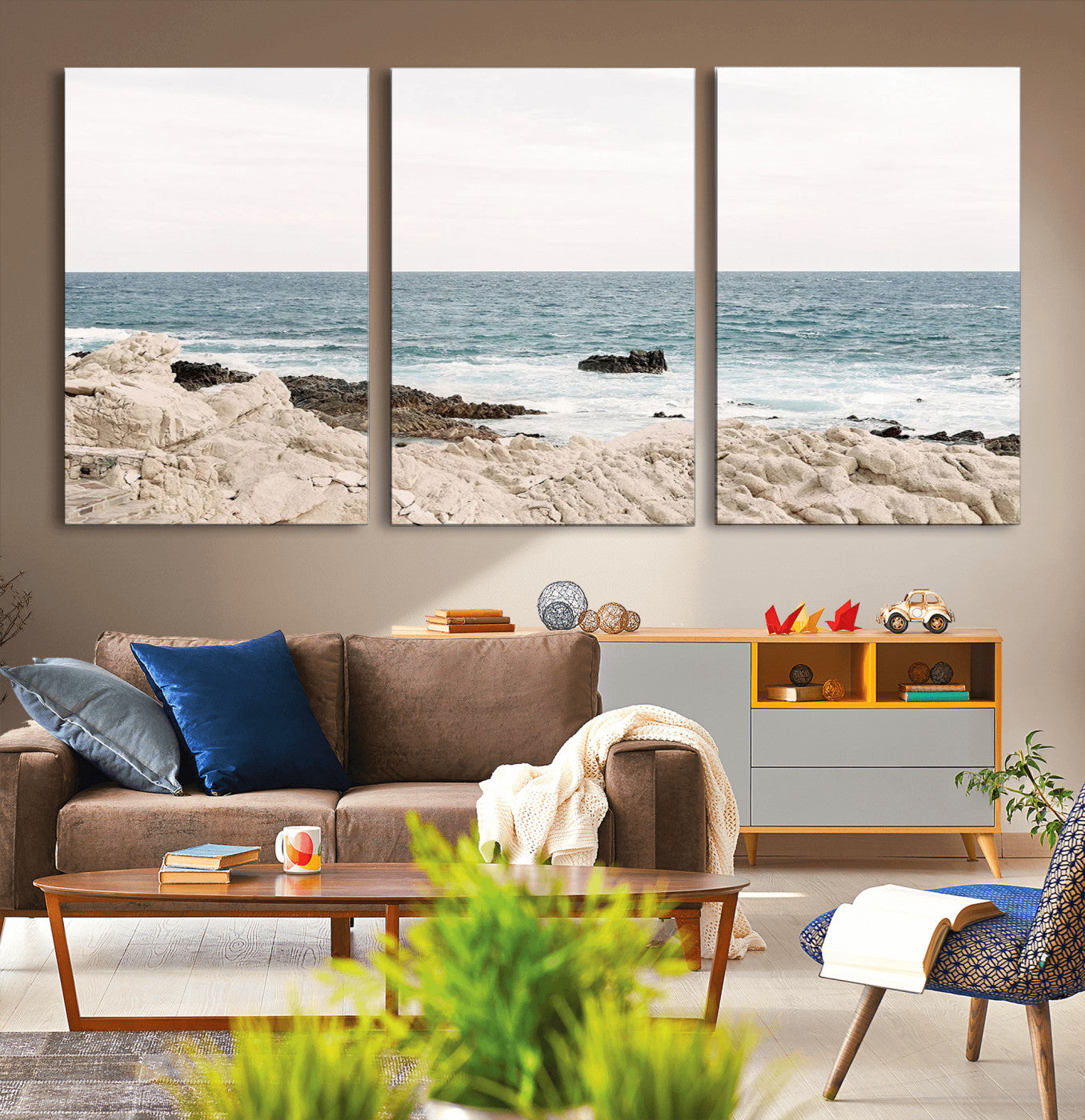 25481980-MGV-CV-36X24-Coastal Ocean View Wall Art Canvas Print – Serene Rocky Shoreline and Blue Sea Photography for Home, Office