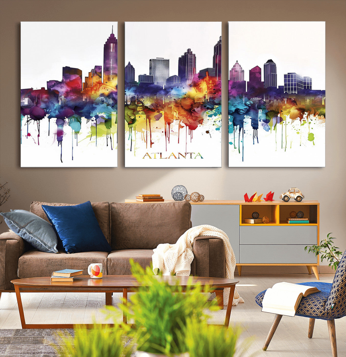 36048320-MGV-CV-36X24-Atlanta Skyline Wall Art Canvas Print – Framed Colorful Watercolor Cityscape Abstract Urban Artwork for Home, Office
