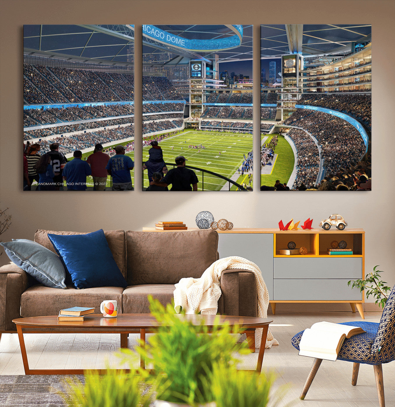 41816511-MGV-CV-60X30-3P-Chicago Dome Stadium Wall Art Canvas Print – Framed Modern Football Arena City Skyline Artwork for Home, Office