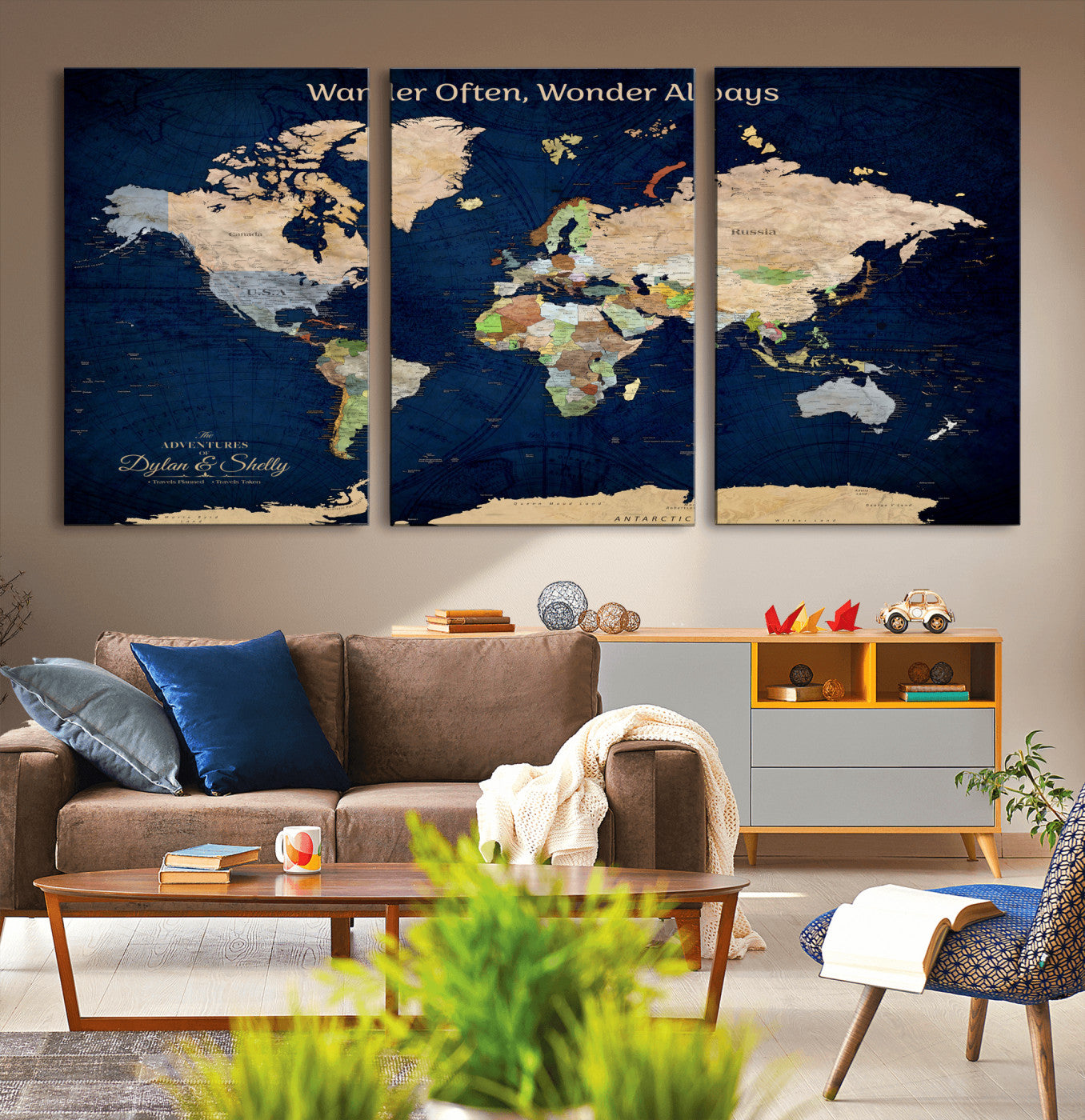 Rehber01-MGV-CV-36X24-Personalized World Map Canvas – Custom Framed Push Pin Travel Map Wall Art, Navy Blue Vintage Gift for Couples and Adventurers