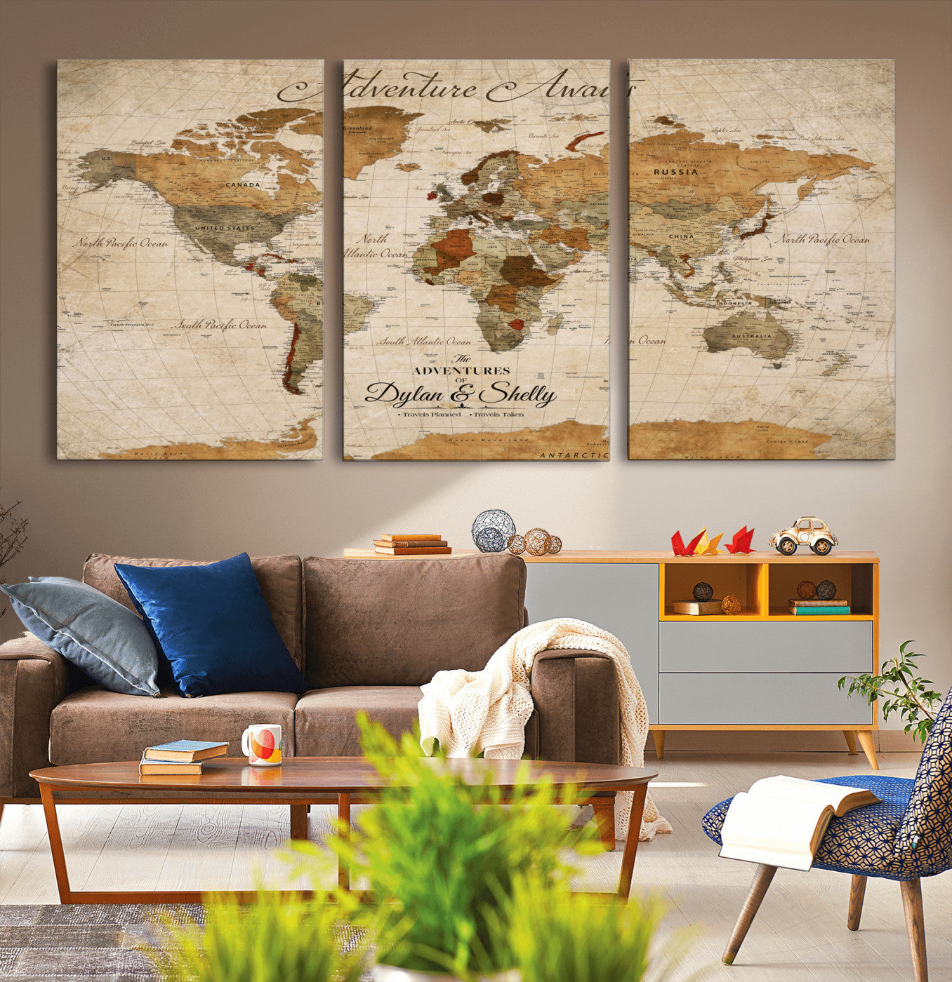 20810820-MGV-CV-30X20-Personalized World Map Print, Customizable Push Pin Framed World Map Print on Canvas - Custom Quote on Map Print