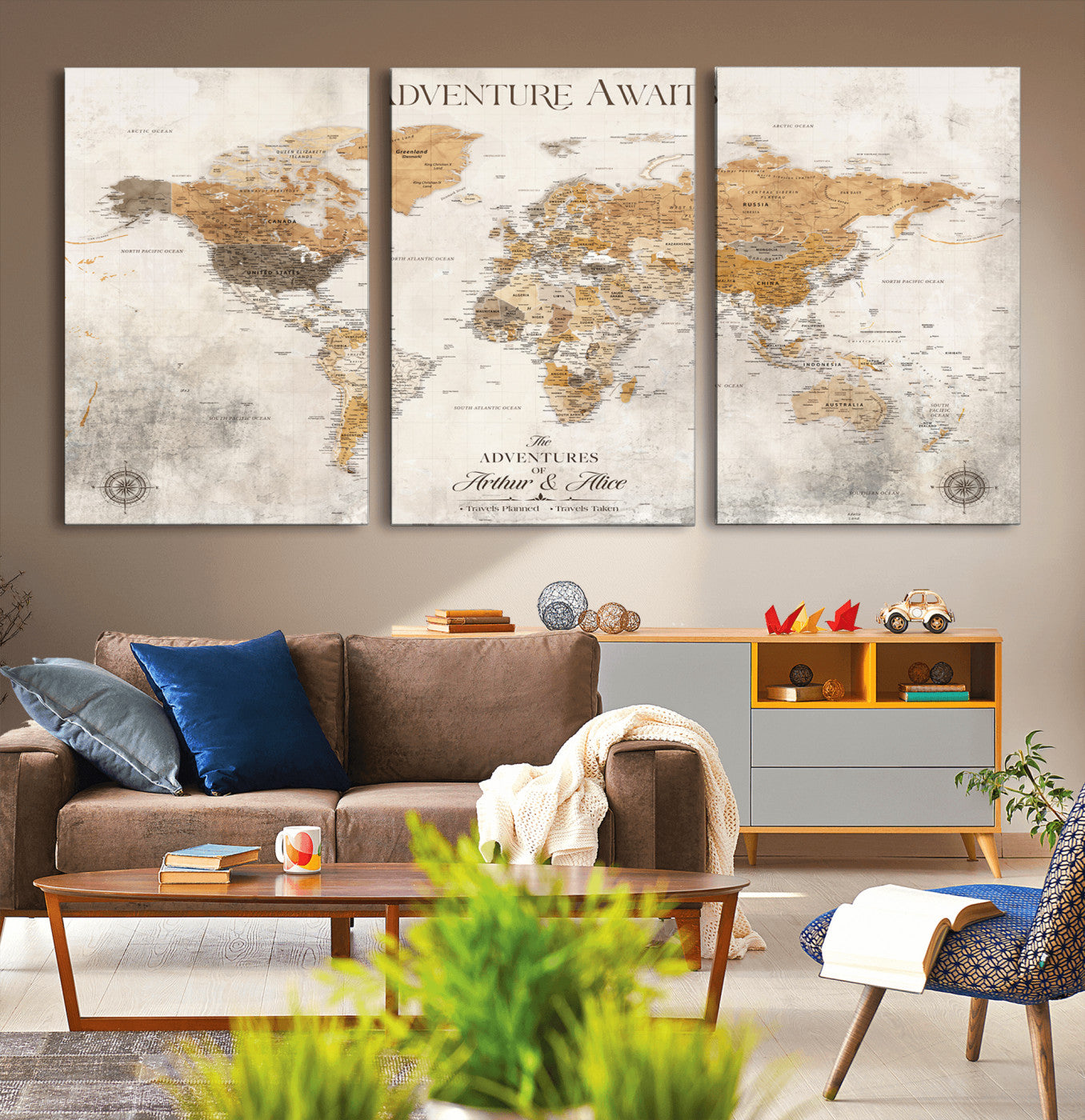 Rehber01-MGV-CV-36X24-Personalized World Map Canvas Print – Custom Push Pin Travel Map Vintage Neutral Style Gift for Couples Travelers for Home Office