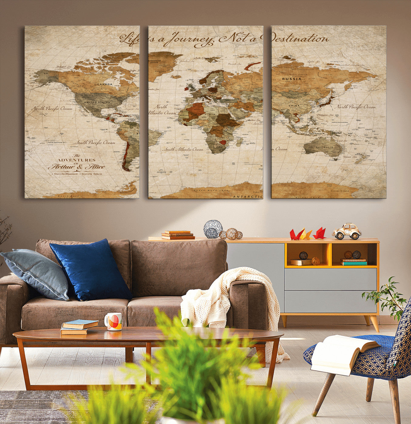 Rehber01-MGV-CV-36X24-Personalized Vintage World Map Canvas – Custom Framed Push Pin Travel Map Wall Art, Rustic Gift for Couples and Travel Lovers