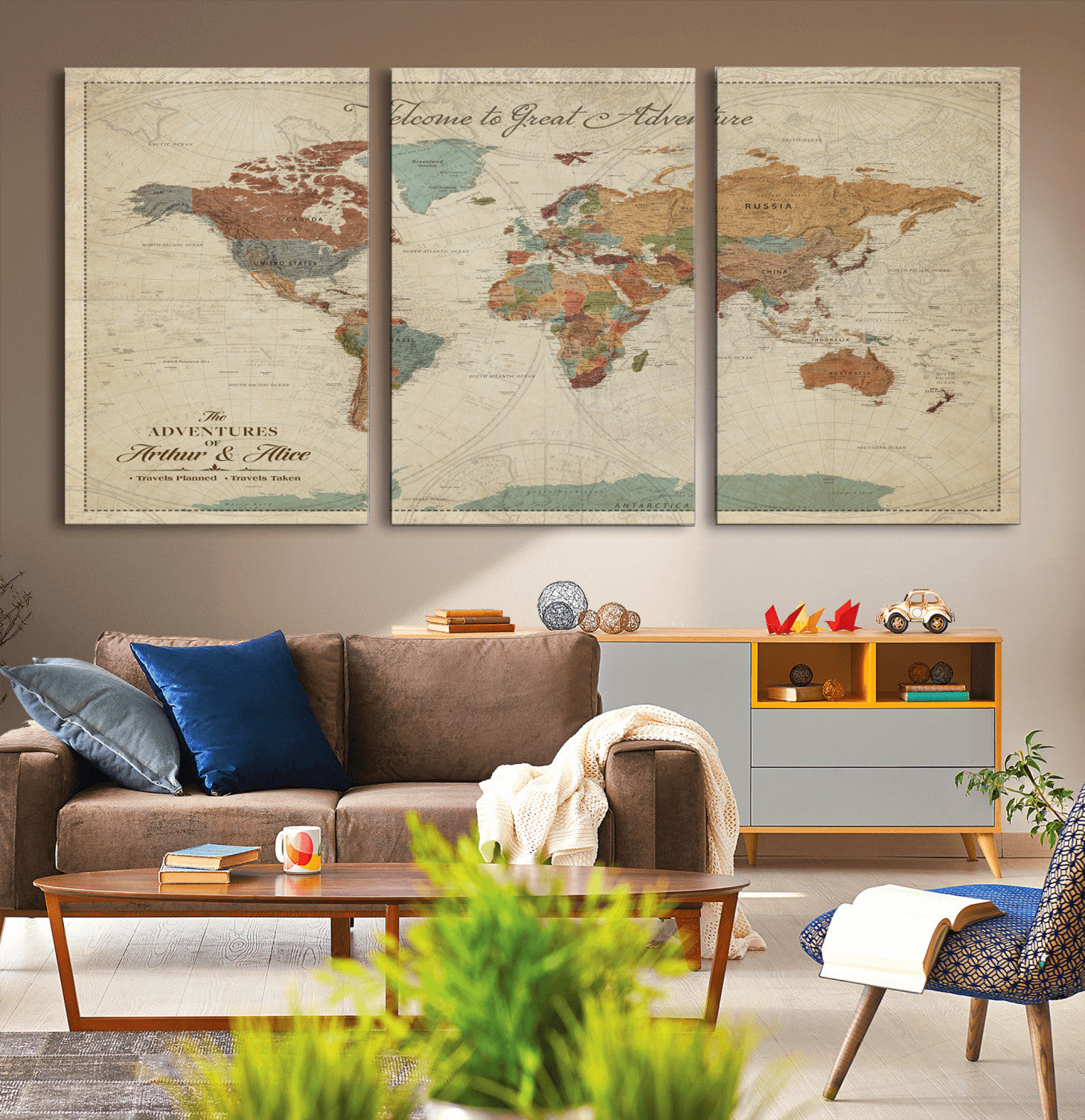 Rehber01-MGV-CV-36X24-Personalized Antique World Map Canvas Print – Custom Push Pin Travel Map Vintage Gift for Couples Explorers for Home, Office